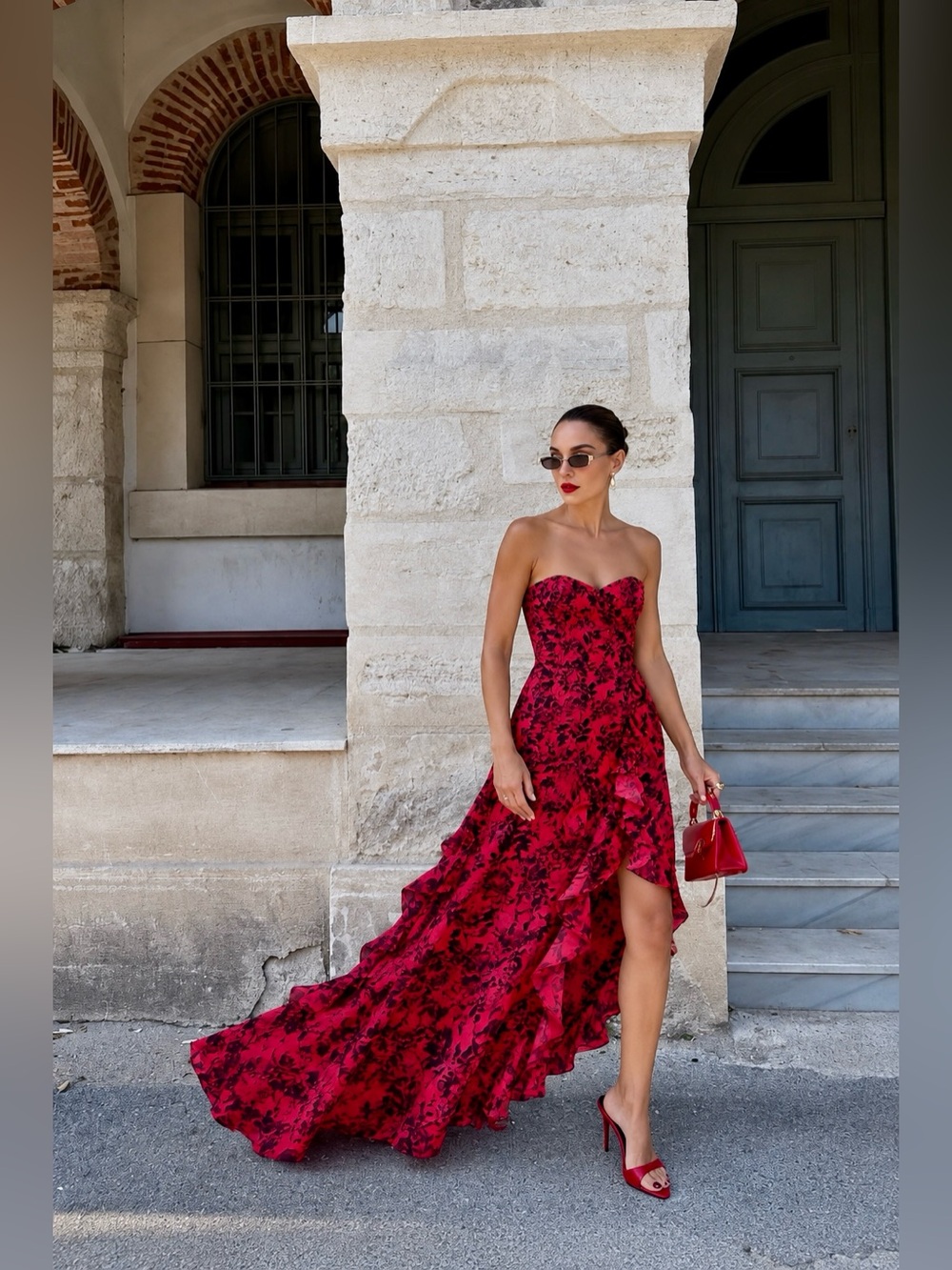 AMANDA UPRICHARD EDEN Strapless Floral Rose Ruffle Maxi Gown Dress